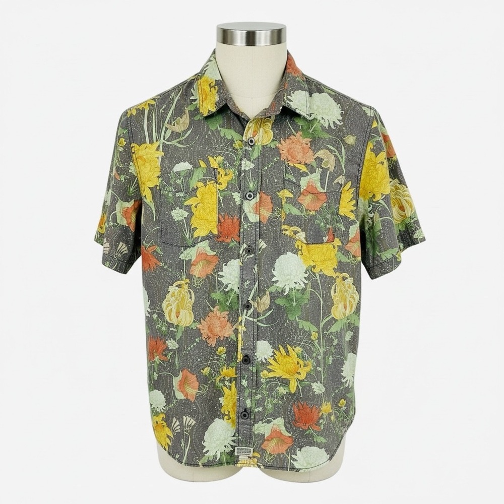 Third and Army‎ Mens Floral Button Up Shirt Short Sleeve Gray Yellow Size M